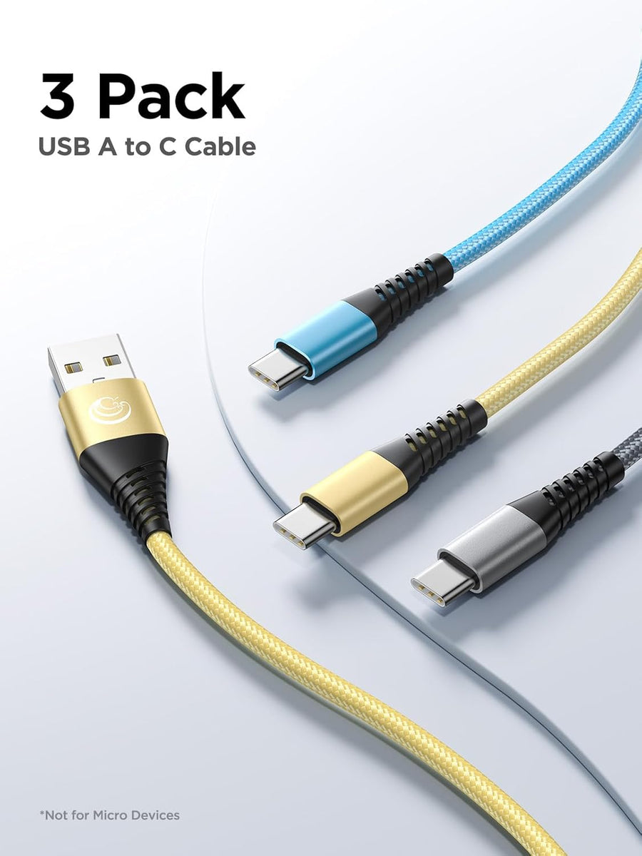 USB C Cable 10FT 3Pack Fast Charging Nylon Braided Long Type C Charger Cable for Samsung Galaxy S24 S23 S22 S21 S10 S9 S8 A02s A03s A11 A12 A13 A14 A21 A22 A32 A42 A53, Tablet, LG, Moto, TCL