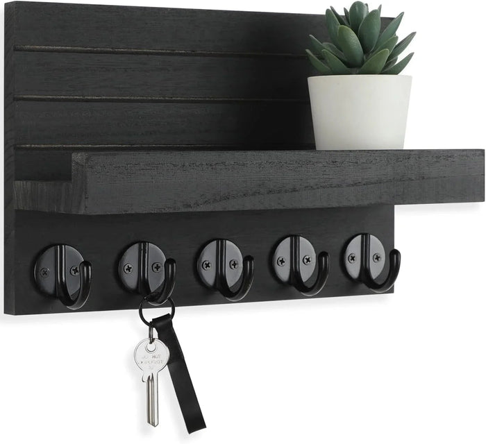 Wall Key Holder with Shelf, Hooks for Bags & Coats, Paulownia Wood, 9.8 x 6.7 x 4.2
