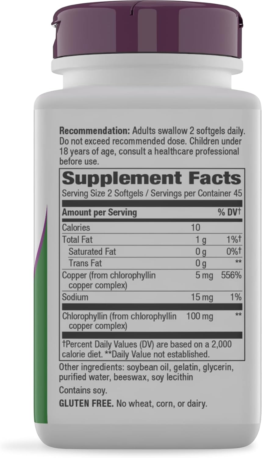 Nature's Way Chlorofresh Chlorophyll Concentrate Softgels, Chlorophyllin Copper Complex, Internal Deodorant Supplement, Supports Healthy Skin and Detox Pathways*, 90 Softgels (Packaging May Vary)