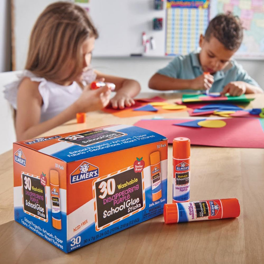 Elmer's Disappearing Purple School Glue Sticks, Washable, 7 Grams, 30 Count - Poster, Vision Board, Back to School, Bulk Pack for Classrooms, #1 Teacher Brand