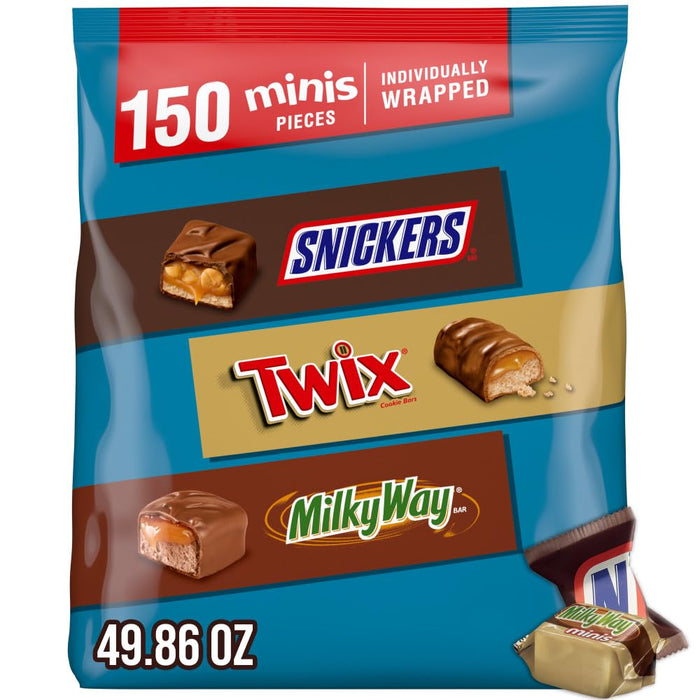 Snickers, Twix & Milky Way Minis Assorted Chocolate Candy Variety Pack, Candy Bag, 150 Ct Bulk Bag (2.93 Pounds)