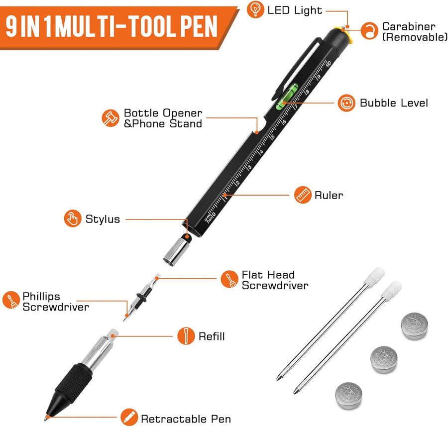 Gifts for Men, Mens Valentines Day Gifts for Him Husband, 9 in 1 Multitool Pen, Cool Tools Gadgets Birthday Stocking Stuffers for Men, Fathers Day Dad Presents from Daughter Son