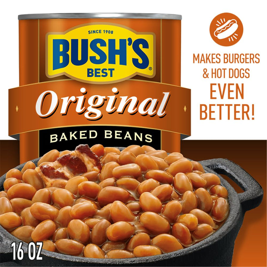 BUSH'S BEST 16 oz Canned Original Baked Beans, Source of Plant Based Protein and Fiber, Low Fat, Gluten Free, (Pack of 12)