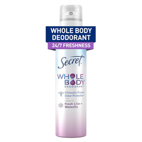 Secret Whole Body Deodorant Spray for Women, Lilac & Waterlily Scent, Aluminum Free Deodorant Spray, 72 HR Odor Protection, 3.5 oz