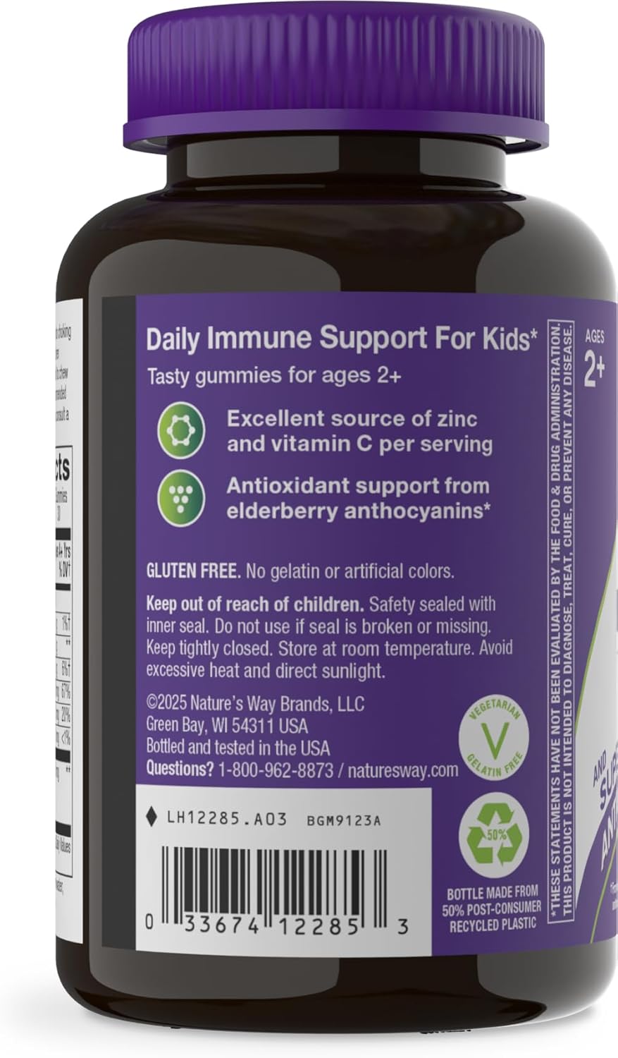 Nature's Way Sambucus Kids Elderberry Immune Gummies with Black Elderberry Extract, Daily Immune Support Gummy with Vitamin C and Zinc for Children Ages 2+*, 60 Gummies