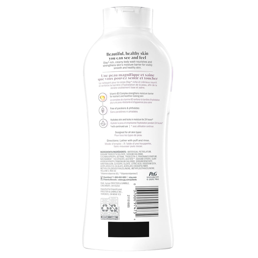 Olay Body Wash for Women, Age Defying with Vitamin E, 24hr Moisturizing, Hydrating & Refreshing, B3 Vitamin Complex, Free of Parabens & Phthalates, For All Skin Types, Scented, 22 fl oz (Pack of 2)