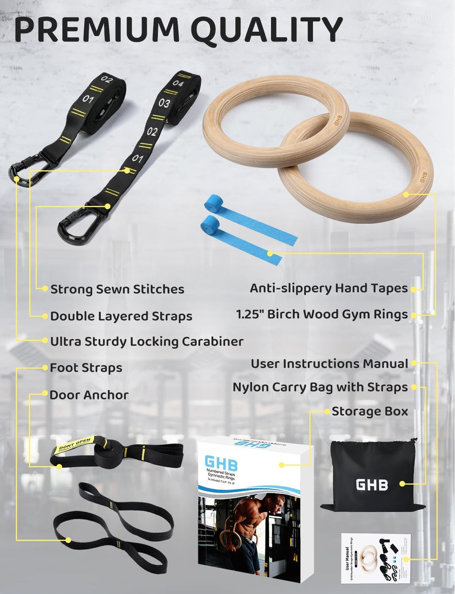 GHB 1.25" Olympic Rings Wooden Gymnastic Rings - Adjustable Straps, Workout Rings for Bodyweight Fitness