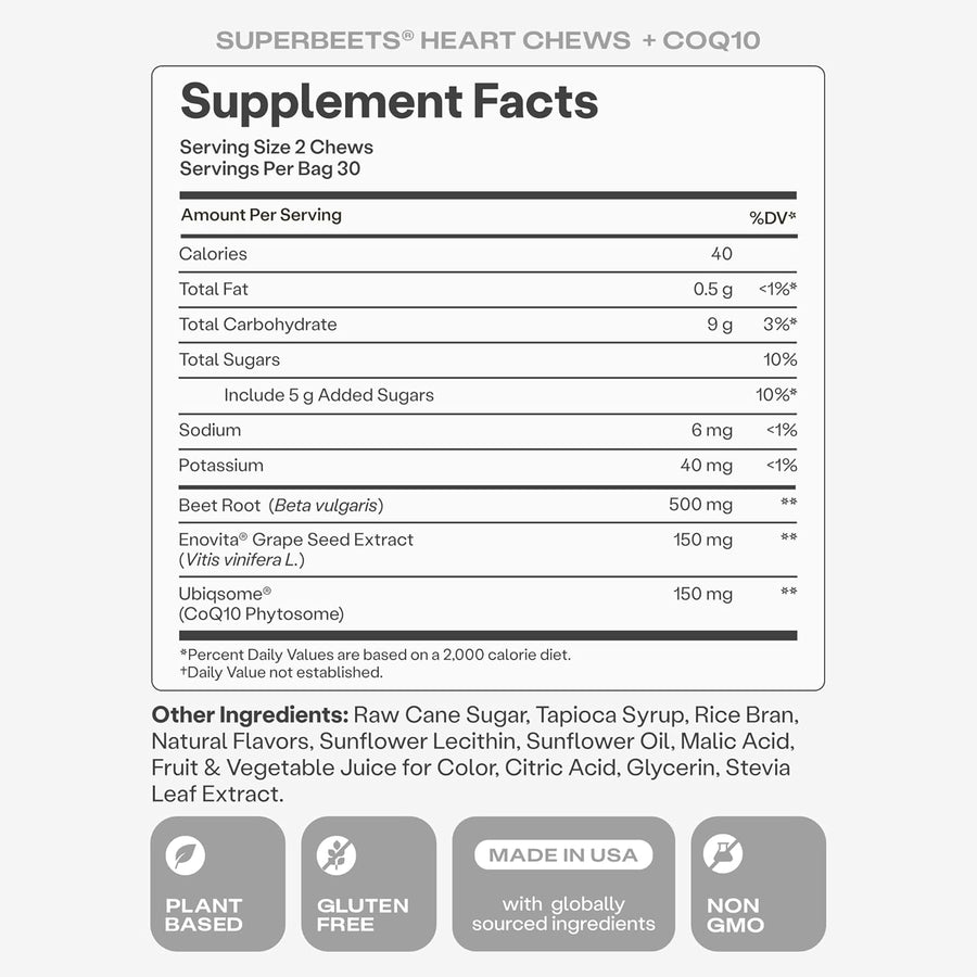 HumanN SuperBeets 3-in-1 Heart Chews with CoQ10 and Beetroot