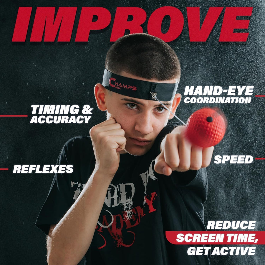 Champs MMA Boxing Reflex Ball Set with Punch Counter App | 4 Balls with Varying Weights, Headband & 4 Spare Strings to Improve Speed, Hand Eye Coordination Training | Boxing Equipment, MMA Gear Gift