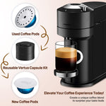 Nessus Reusable Kit for Nespresso Pods Vertuo, Reuse Old Coffee Pods for Nespresso Vertuo: 100 Pcs Aluminum Foil Seal Lid, Holder, Brush, Refillable Vertuo Plus Next Capsule Machine(No Pods Come)