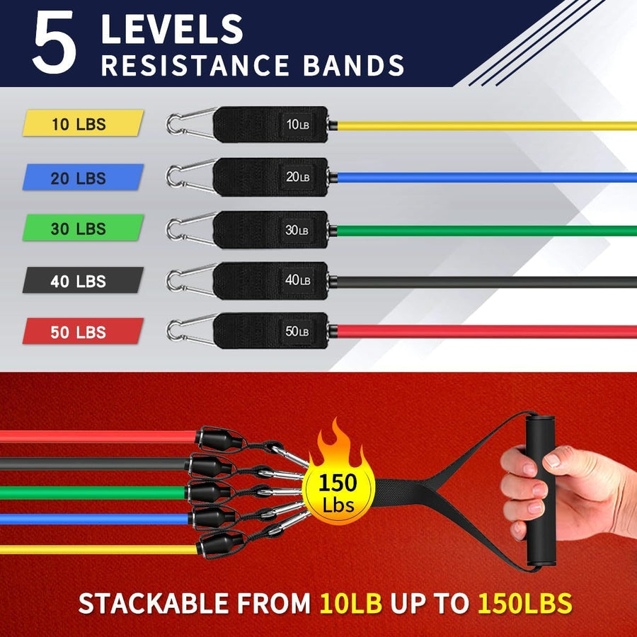 WHATAFIT Resistance Bands Set - 5 Levels, Handles, Straps, Anchor for Home Gym