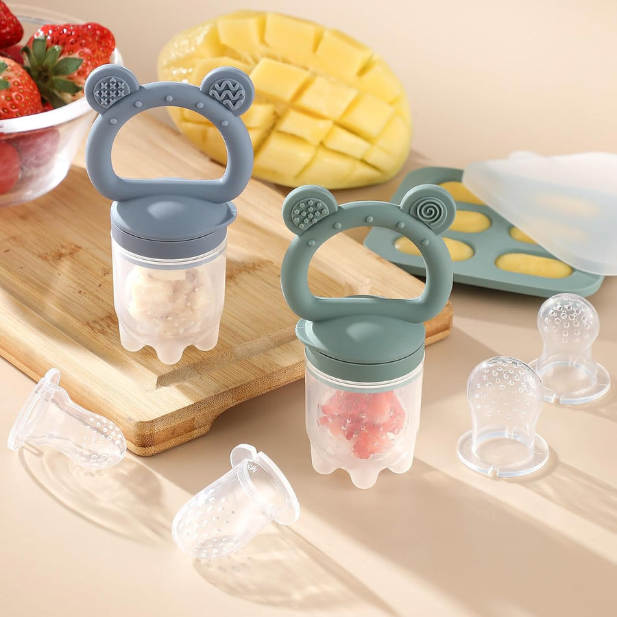 2 Pack Silicone Baby Fruit Feeder with Mini Freezer Tray, Breastmilk Popsicle Molds for Baby Teething Relief, Fresh Food Feeder for Safe Infant Self Feeding, Extra Food Pouches