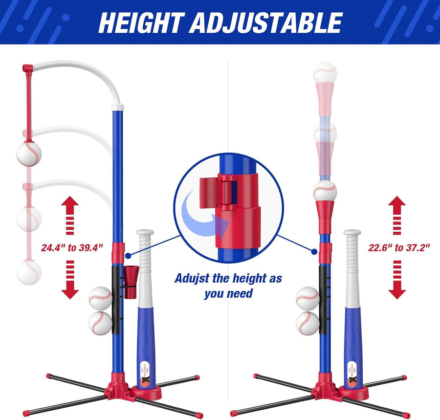 3-in-1 Baseball Set for Kids 3-5 - Tee Ball Stand, Hanging Tee, Ball Launcher and 6 Softballs - Adjustable Height, Indoor/Outdoor Sport Gifts for Boys Girls, Blue