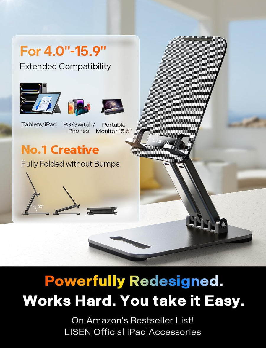 LISEN for iPad Stand Tablet Holder for Desk- Foldable Office Gifts for Men Women Desk Accessories, Home Gadgets Essentials Portable Monitor Stand for iPad a16 Accessories Bed Kindle Fire 4-15.9"