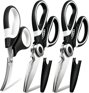 Food Grade Kitchen Scissors All Purpose 3 Pack - Heavy Duty Stainless Steel Cooking Shears for Cutting Meat, Food, Fish, Poultry Sharp Sissors for Dishwasher Safe - with Protective Sheath