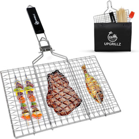Fish Grill Baskets for Outdoor Grill Vegetables, Fish Grilling rack for Grill, BBQ Grilling Basket, Stainless steel Grill Basket for Veggies, shrimp Includes 50 skewers, Silicon Brush, and Carry Bag