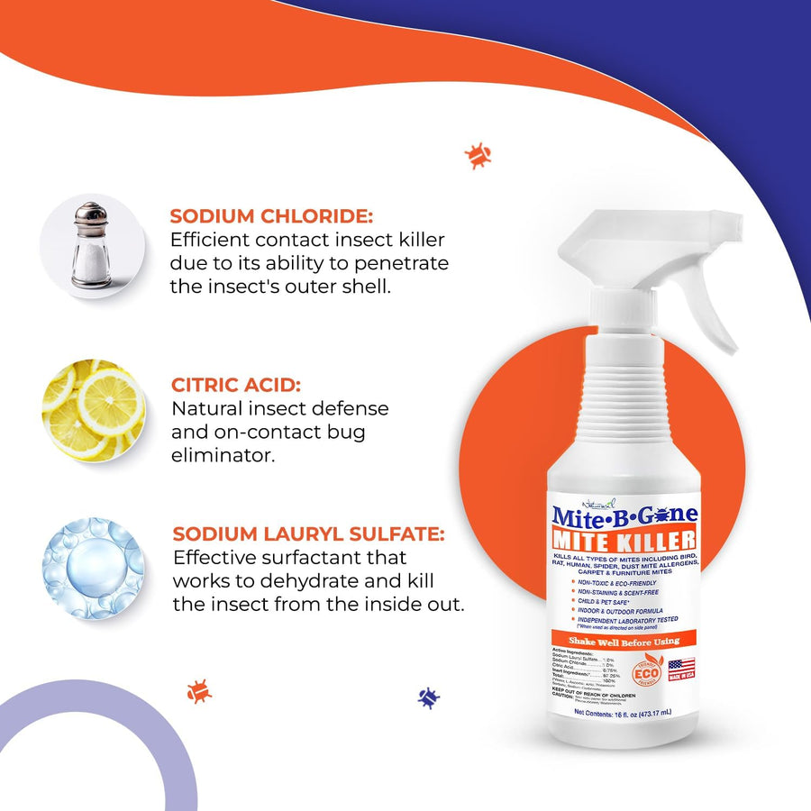 Mite Killer Spray by Mite-B-Gone — Kills Human Mites, Bird, Dust, Spider, Rat, Turkey, Carpet Mites. Treatment for Homes, Furniture, Bedding, Auto & Animals | Non-Toxic | Kid & Pet Safe | 16oz Spray