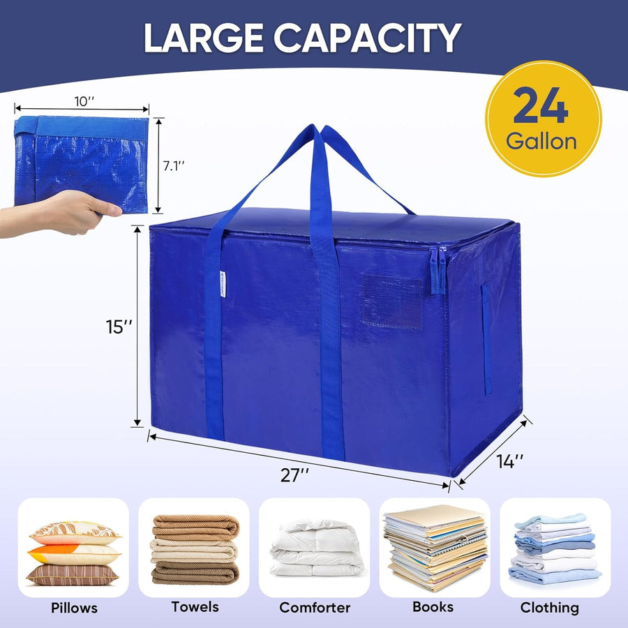 TICONN 6-Pack Extra Large Moving Bags with Zippers & Handles – Heavy-Duty Waterproof Storage Totes (24-Gallon)