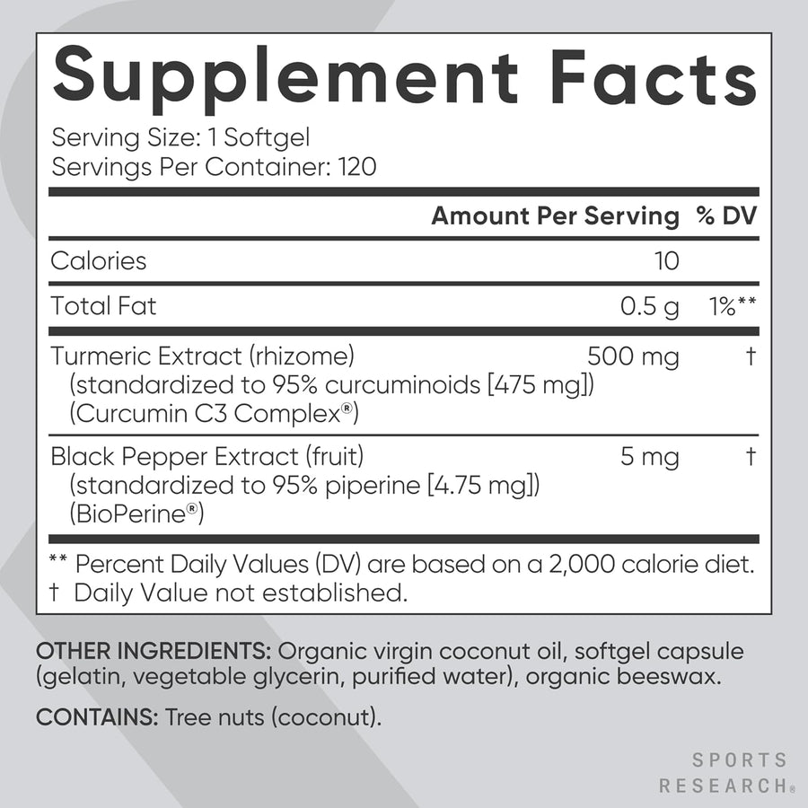 Sports Research Turmeric Curcumin C3 Complex Softgels with BioPerine and Organic Coconut Oil