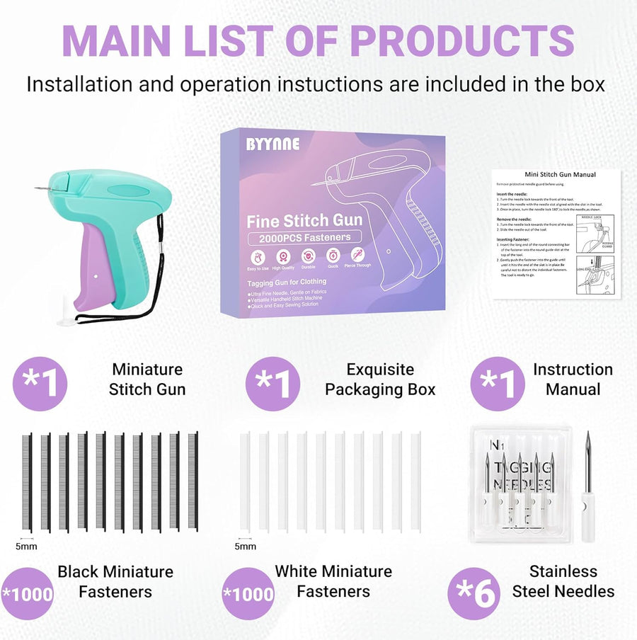 Stitch Gun for Clothes - Handheld Quick Clothing Fixer - Tagging Gun for Clothing, Sewing Kit - Includes 6 Fine Needles, 1000 Black & 1000 White Fasteners (Purple Green)