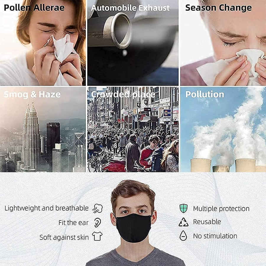 Black Reusable Breathable Cloth Face Mask, Adjustable Washable Face Protection Cover for Men and Women