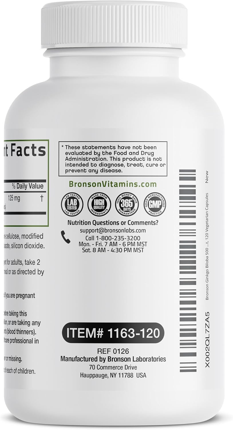 Bronson Ginkgo Biloba Extra Strength Supports Brain Function & Memory Support, 120 Vegetarian Capsules