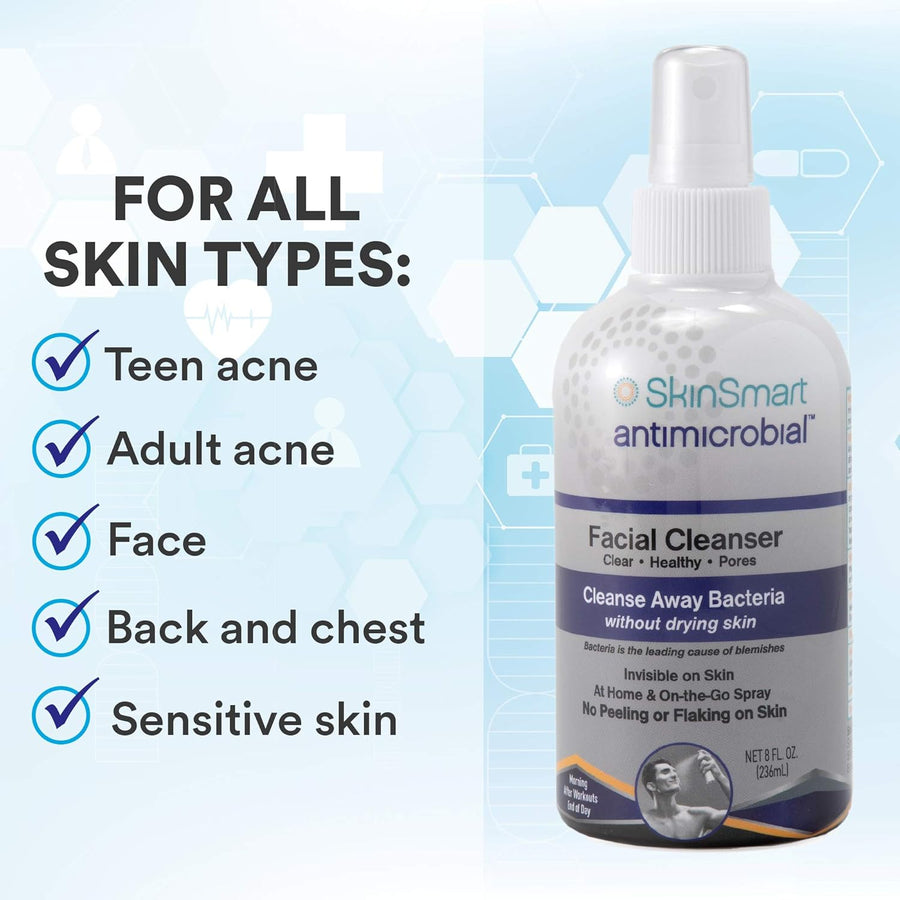 SkinSmart Antimicrobial Facial Cleanser for Breakouts & Blemishes; Hypochlorous Acid Formula Targets Bacteria to Reduce Skin Irritation and Flush Pores Clean, 8 oz Spray, All Ages & All Skin Types