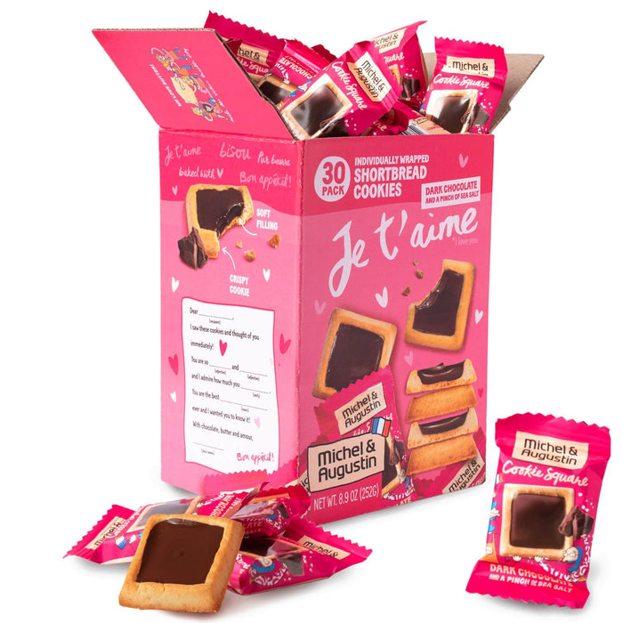 Michel et Augustin Chocolate Cookie Squares, Chocolate Gift Box, Dark Chocolate & Sea Salt French Shortbread Cookies, Candy Bulk, Individually Wrapped, 30-Pack