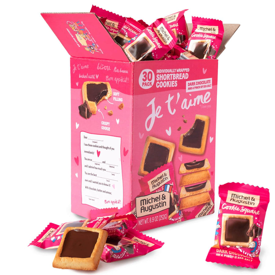 Michel et Augustin Chocolate Cookie Squares, Chocolate Gift Box, Dark Chocolate & Sea Salt French Shortbread Cookies, Candy Bulk, Individually Wrapped, 30-Pack