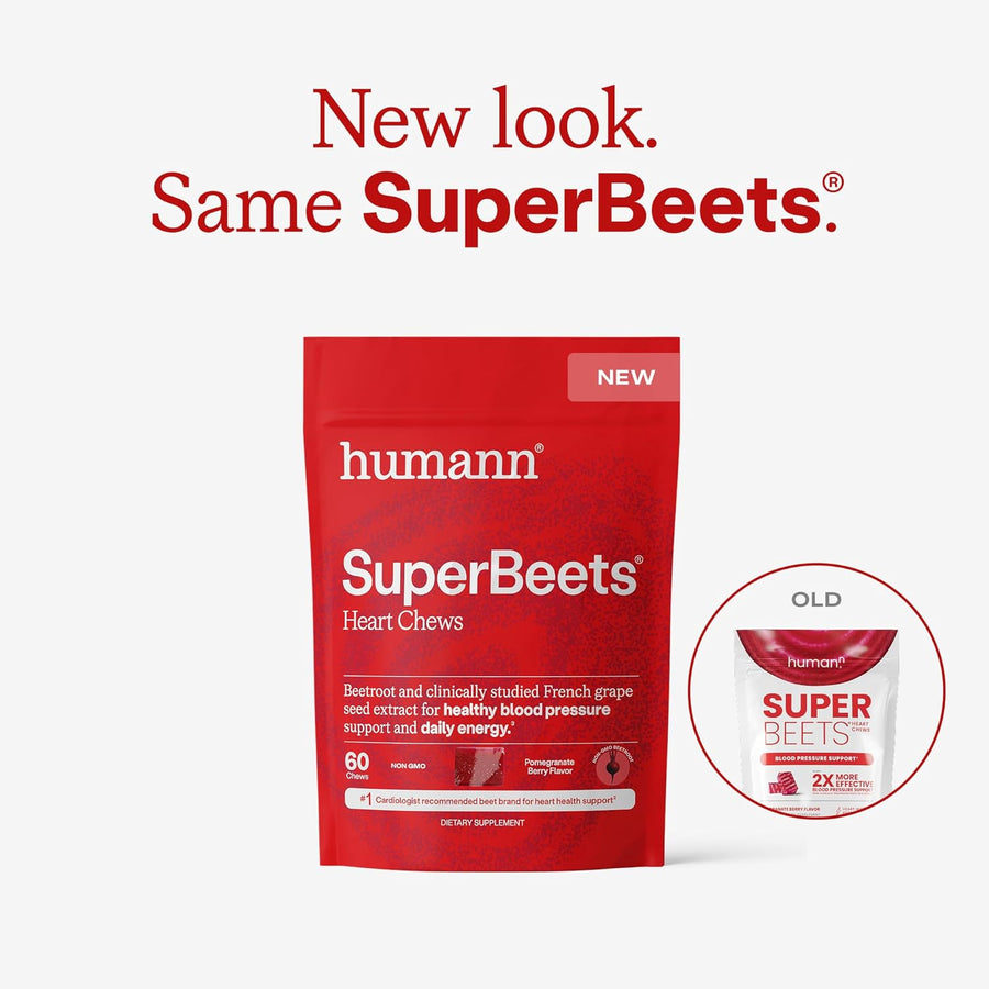 humanN SuperBeets Heart Chews, Beet Root Powder Support Energy Supplement, Nitric Oxide and Blood Pressure Support, Grape Seed Extract & Non-GMO, Heart Health, Pomegranate Berry Flavor, 60 Count