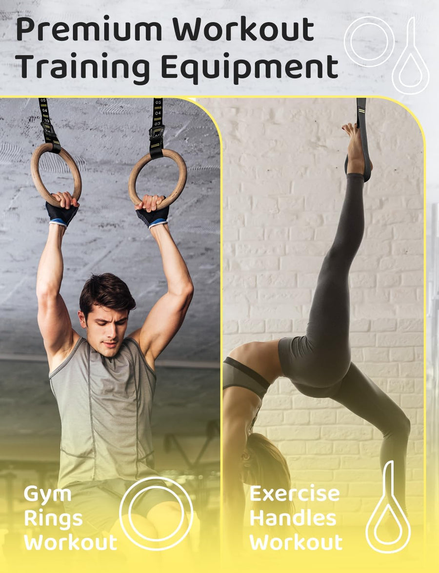 GHB 1.25" Olympic Rings Wooden Gymnastic Rings - Adjustable Straps, Workout Rings for Bodyweight Fitness