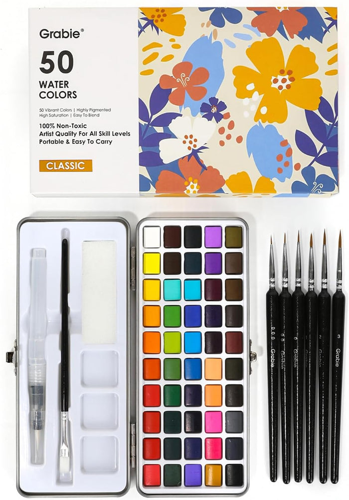 Grabie 50 Colors Watercolor Paint Set, Detail Paint Brush Included, Watercolor Paints, Painting Sets, Art Supplies for Painting, Travel Watercolor Set, Amateur Hobbyists