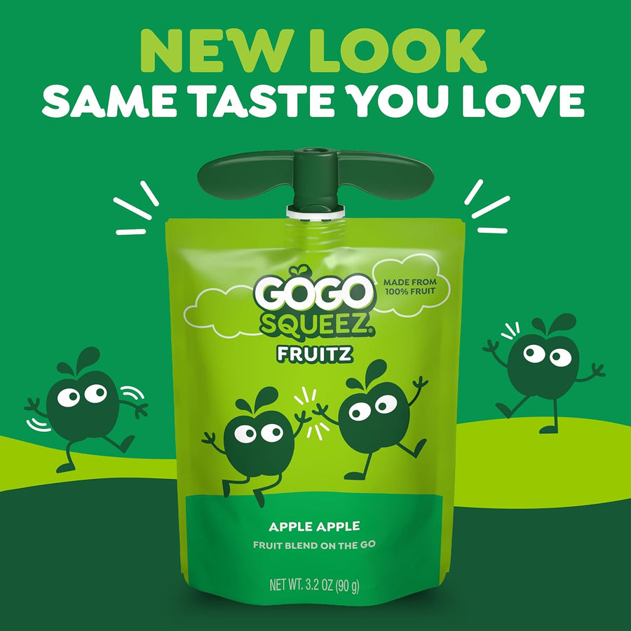 GoGo squeeZ Fruit on the Go, Apple Apple, 3.2 oz (Pack of 20), Unsweetened Fruit Snacks for Kids, Gluten Free, Nut Free, and Recloseable Cap, BPA Free Pouches (Packaging May Vary)
