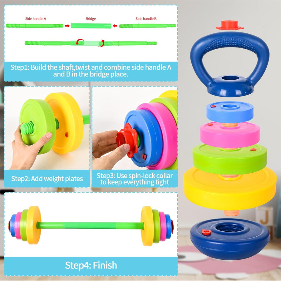 3-in-1 Adjustable Kids Fitness Set with Barbell, Kettlebell & Water Bottle