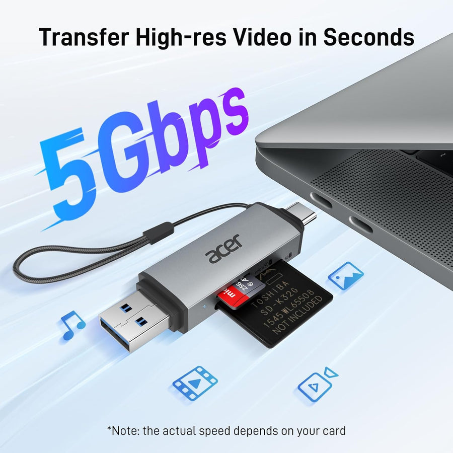 acer SD Card Reader USB C, Dual Slots USB 3.0 Type C to Micro SD Card Adapter, Memory Card Reader for MicroSD, SDHC, SDXC, Compatible with Laptop, PC, iPhone16/15, MacBook Pro/Air, iPad Pro, Android