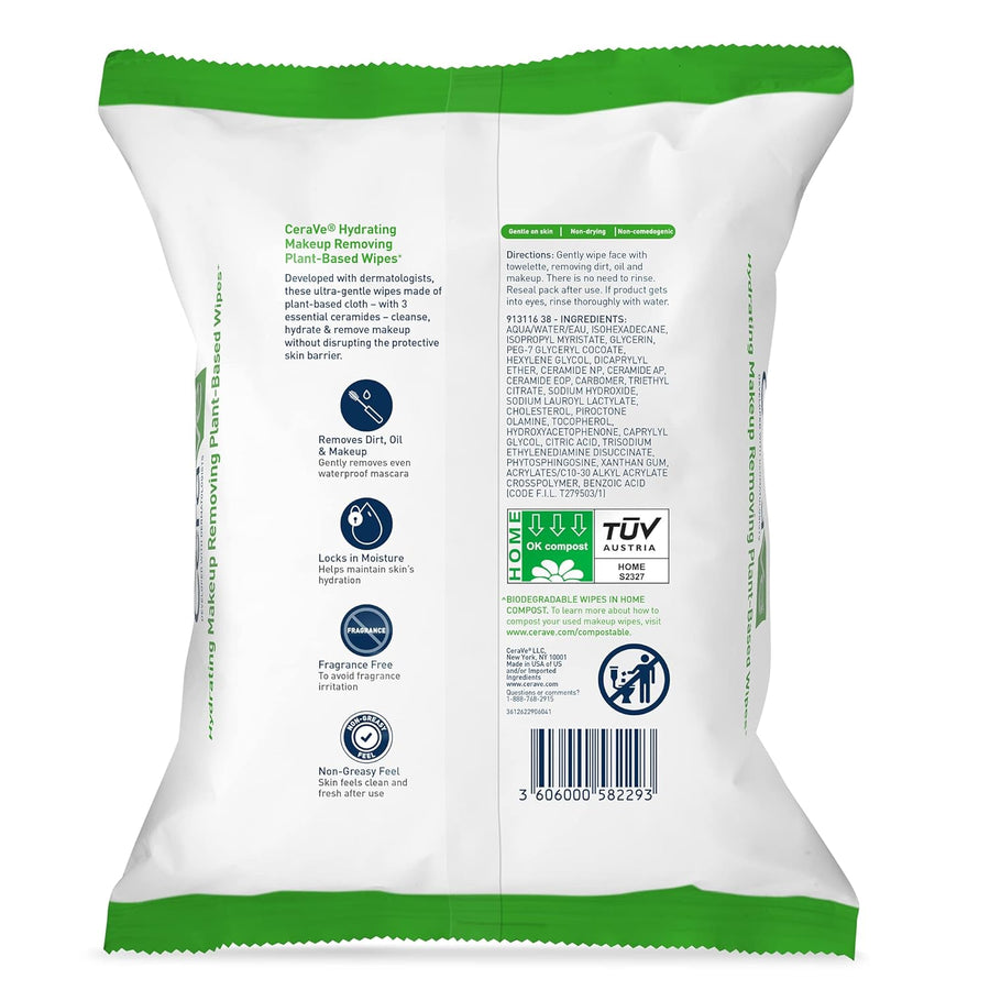 CeraVe Makeup Remover Wipes, Plant Based Face Wipes, Biodegradable in Compost, Waterless Face Wash, Travel Essentials for Women, Suitable for Sensitive Skin, Fragrance-free + Non-comedogenic, 25ct