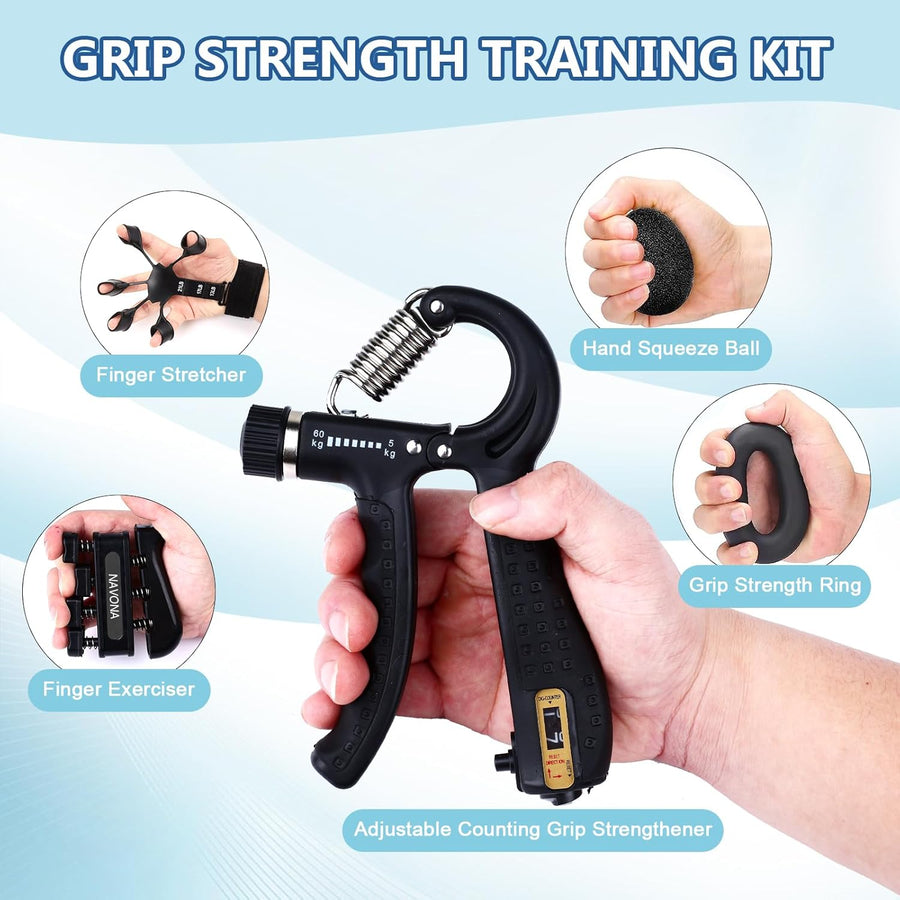 5-Piece Grip Strength Trainer Kit - Hand Gripper, Finger Exerciser, Stress Ball, Forearm Workout