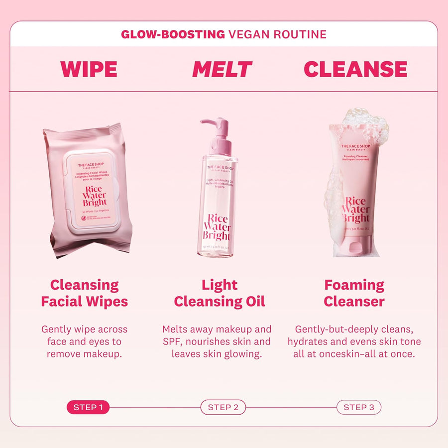 The Face Shop Rice Water Bright Makeup Remover Wipes for Face with Rice Extract, Brightening, Moisturizing, Infused with Cleansing Milk, Vegan Disposable Cleansing Facial Wipes, Korean Skin Care