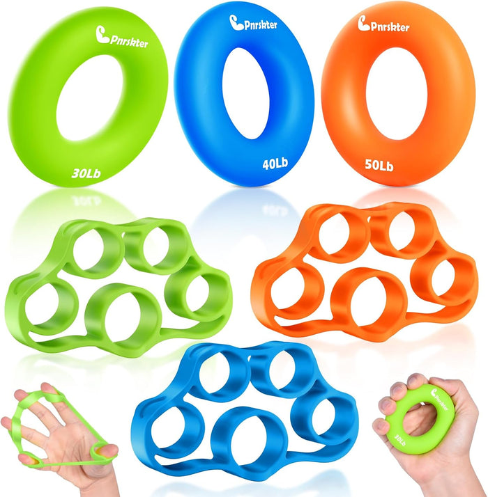 Hand Grip Strengthener, Finger Exerciser, 6-Pc Set, Silicone