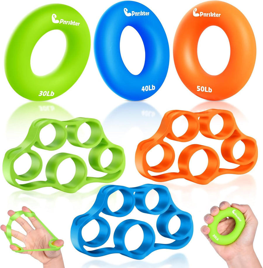 Hand Grip Strengthener, Finger Exerciser, 6-Pc Set, Silicone