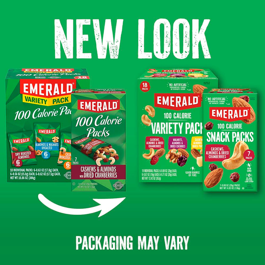 Emerald Nuts Mixed Nuts Variety Pack 18ct (1-Pack) , 100-Calorie Individual Packs , Features Dry Roasted Almonds, Natural Almonds & Walnuts, and Roasted & Salted Cashews