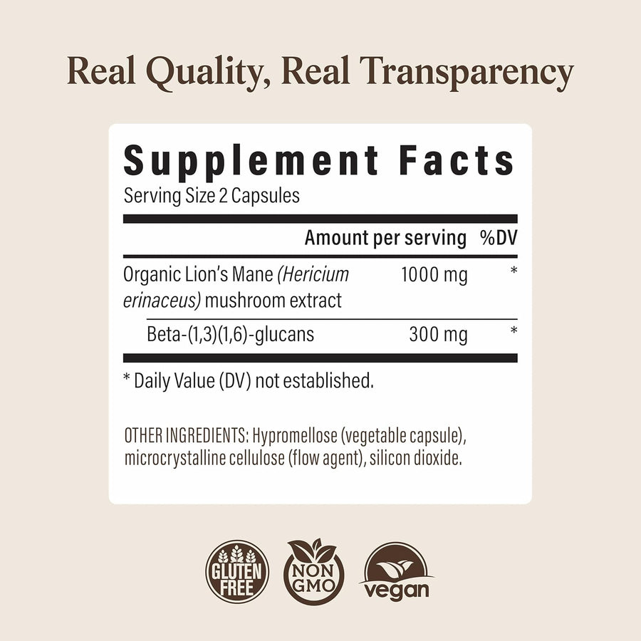 Real Mushrooms Lions Mane Mushroom Cognition (120 Capsules) Lions Mane Mushroom Powder Extract Capsules | Brain Supplement, Brain Vitamins, Focus Supplement