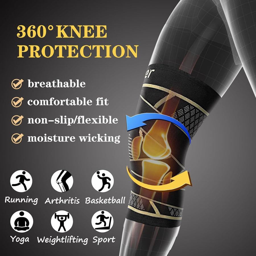 Copper Knee Braces with Strap for Knee Pain Relief, 2 Pack, Medium Size