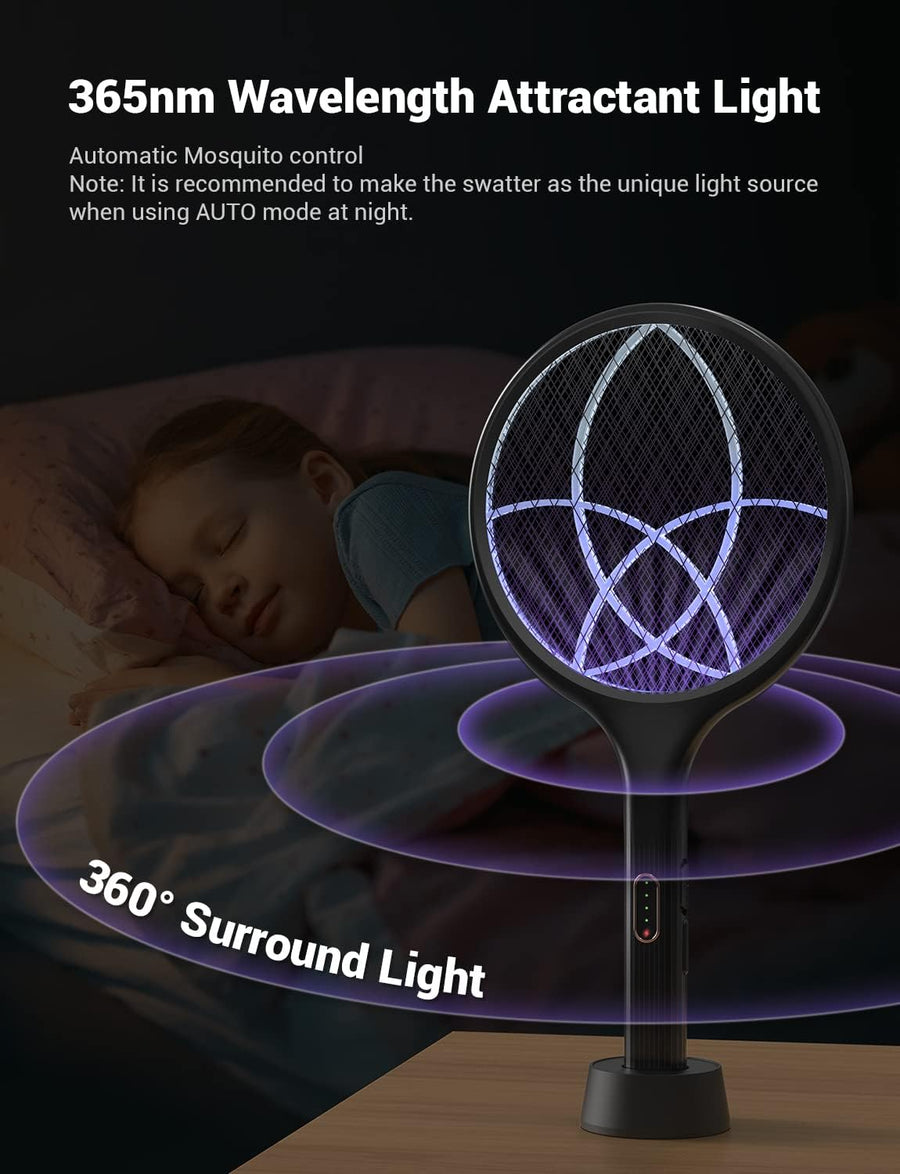 YISSVIC Electric Fly Swatter Bug Zapper Racket Dual Modes Mosquito Killer with Purple Mosquito Light Rechargeable for Indoor Home Office Backyard Patio Camping (Black) (Black-1 Pack)