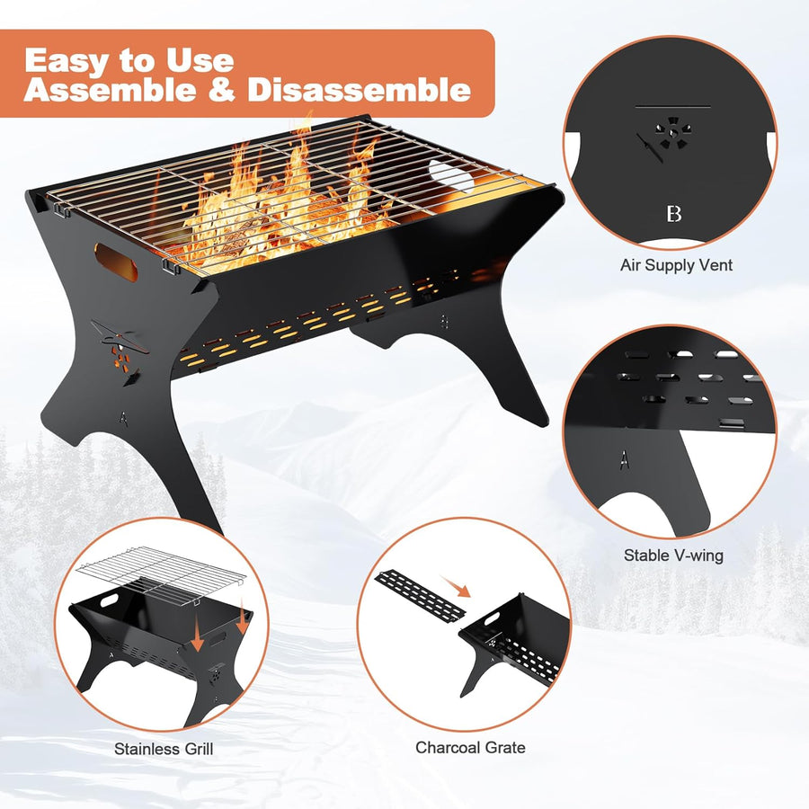 Camping Campfire Grill, 16"Lx12"D Portable Folding Charcoal Grills, Backpacking BBQ Grill with Carry Bag, Outdoor Fire pit for Camping, Picnic, Bonfire, Patio, Backyard