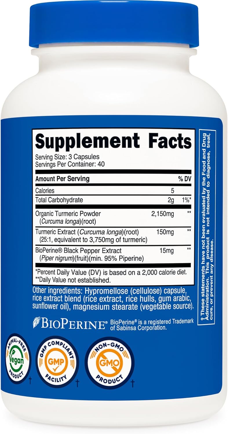 Nutricost Turmeric Curcumin with BioPerine, 2300mg, 120 Veggie Capsules, Gluten Free, Non-GMO