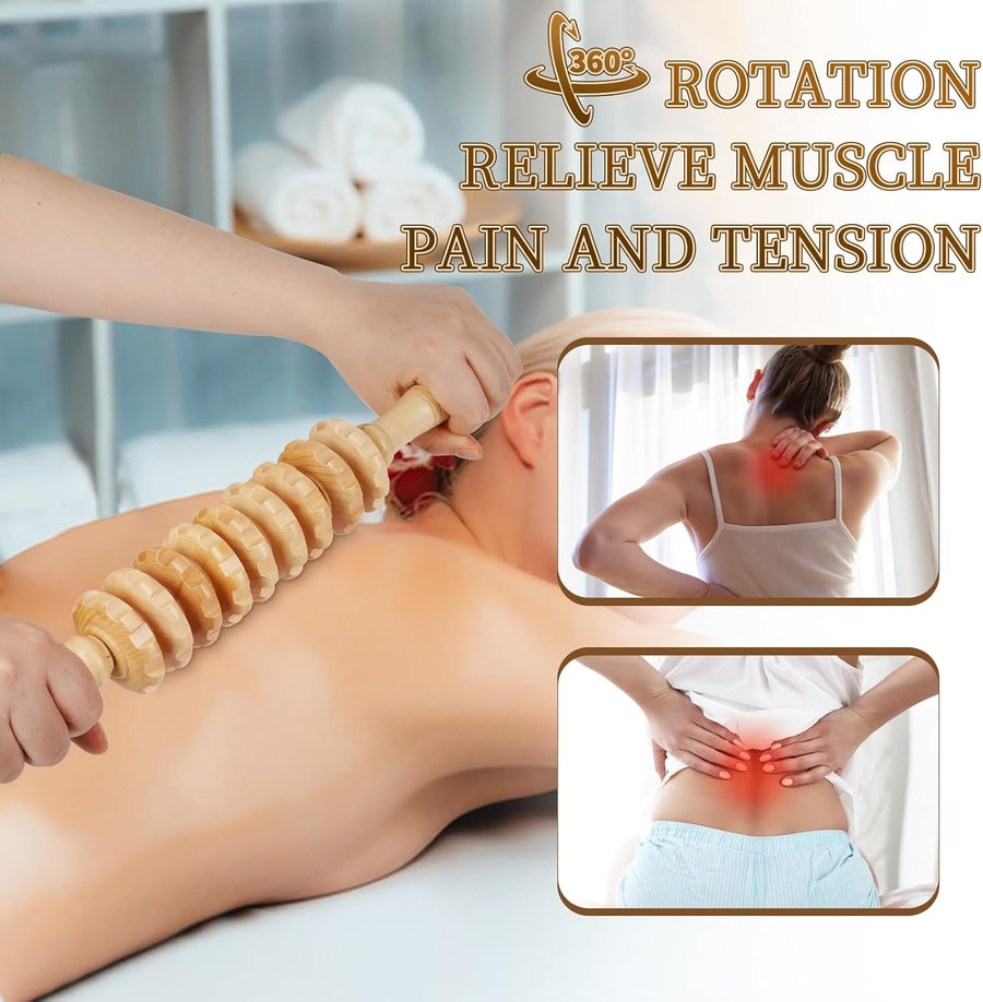 Liitrton Manual Wooden Fascia Massage Roller Trigger Points Straight-9-Wheel for Cellulite Sore Muscle