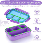 QQKO Bento Lunch Box for Kids Girls Boys, Toddler Kids Lunch Boxes for School, Lunch Containers for Adults with 4 Compartments, Sauce Container, Utensils, Food Picks and Muffin Cups, Purple