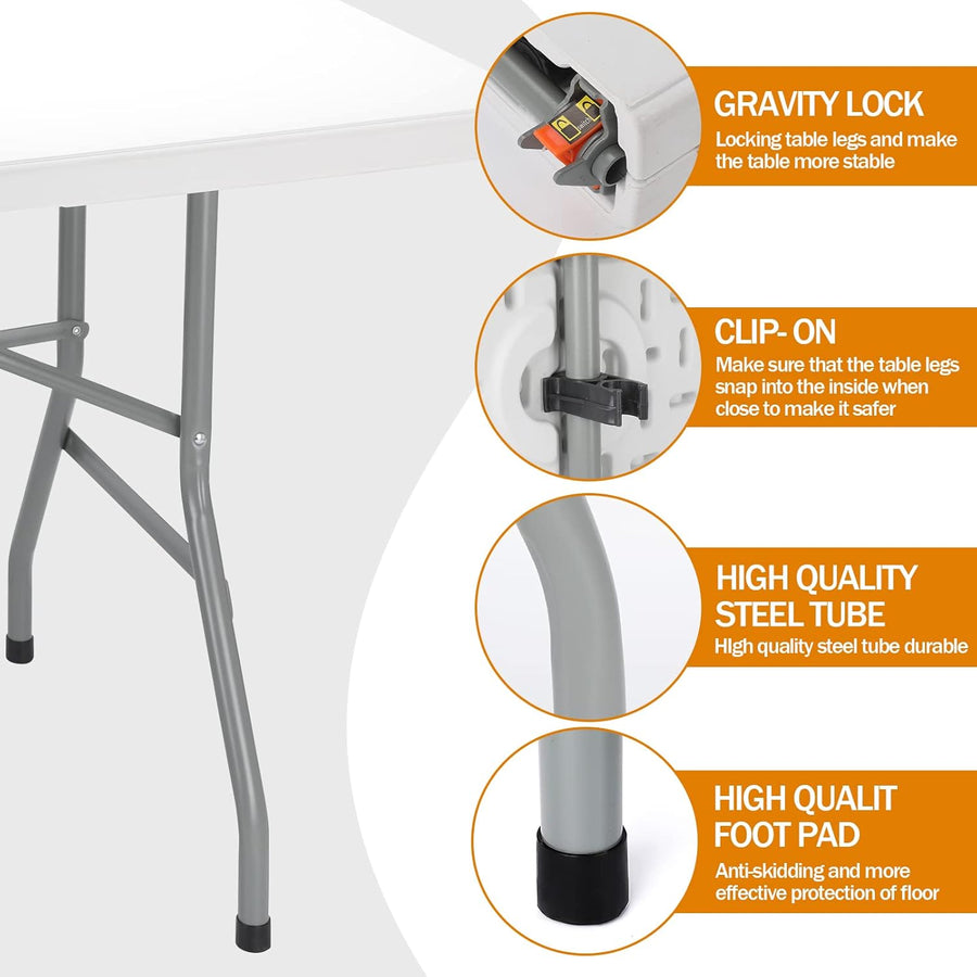 6ft Folding Table - Heavy Duty Portable Table for Parties, Camping & BBQs, Folds in Half for Easy Storage, No Assembly Required, White