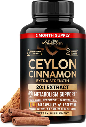 Ceylon Cinnamon Capsules - Extra Strength - 20:1 Extract Supplement